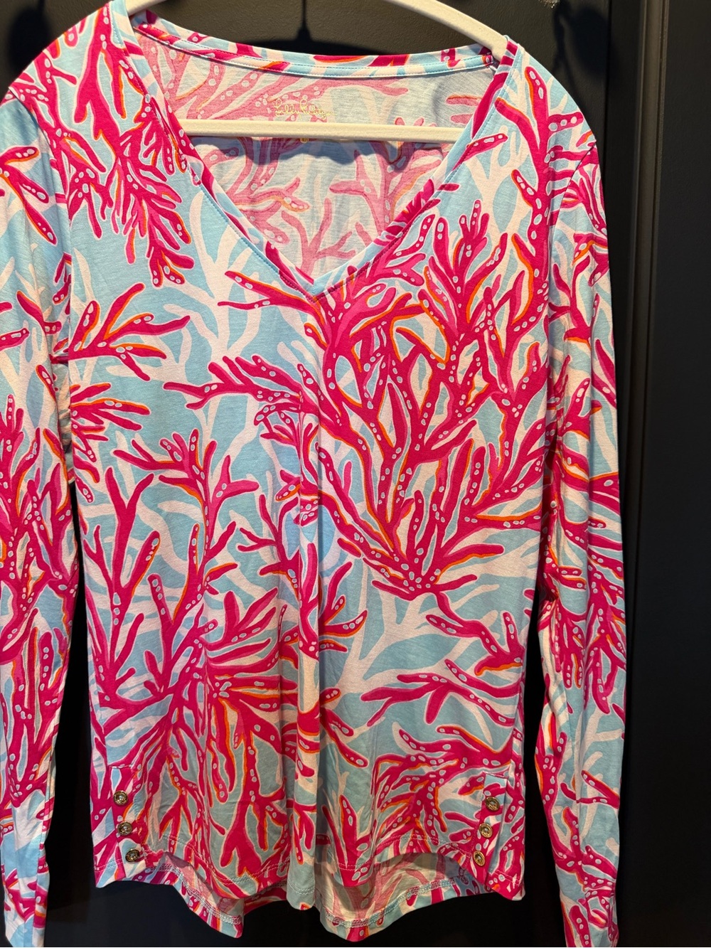 Lilly Pulitzer Pink Coral-Print V-Neck Long Sleeve Top on Light Blue